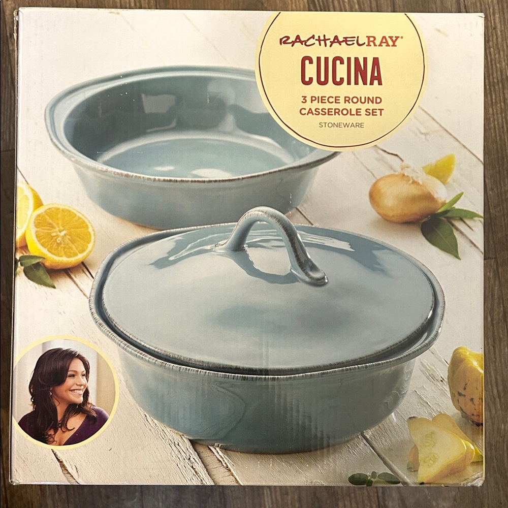 Rachael Ray Cucina Teal Stoneware Casserole 3 Piece Set